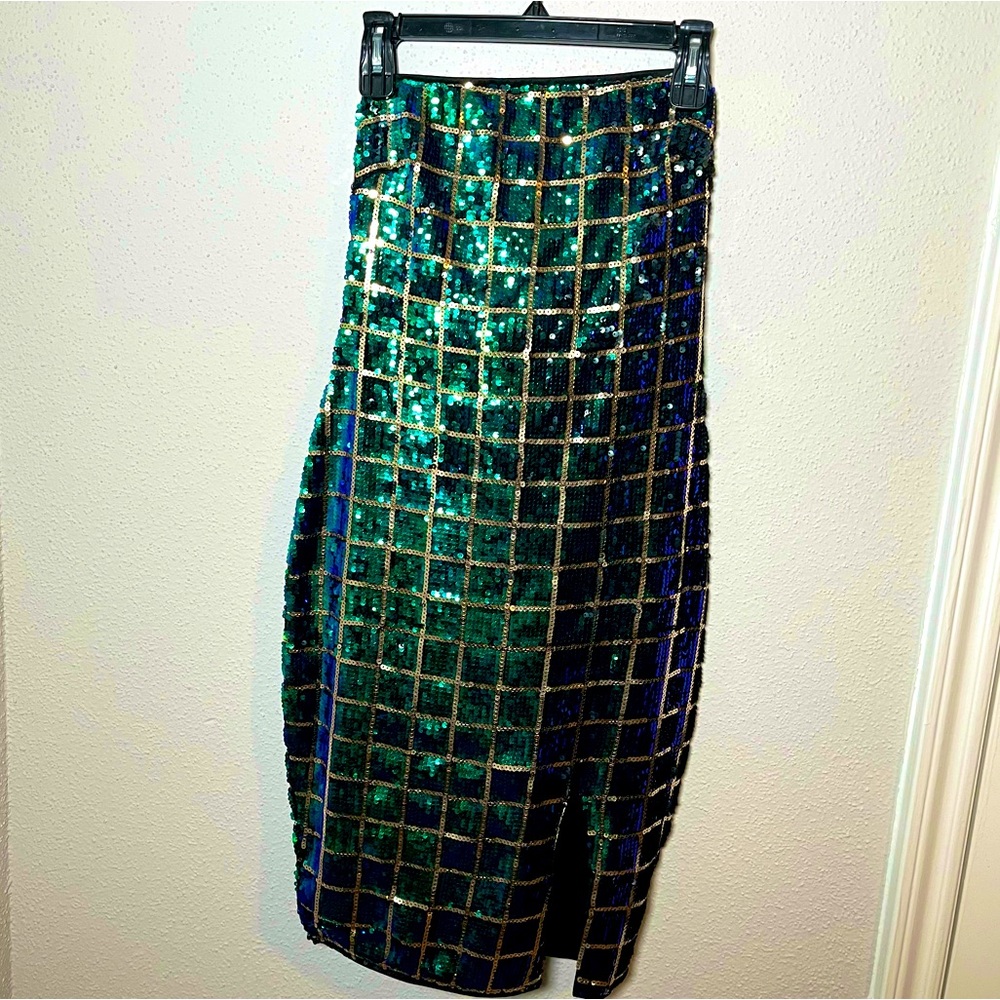 Privy Privately Privileged Green, Blue & Gold Sequined Strapless Dress w/ Slit